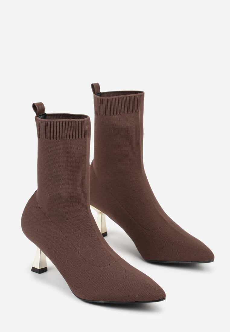 Brązowe Botki Vices na Metalicznej Szpilce Kaczuszce ze Skarpetową Cholewką Vamige