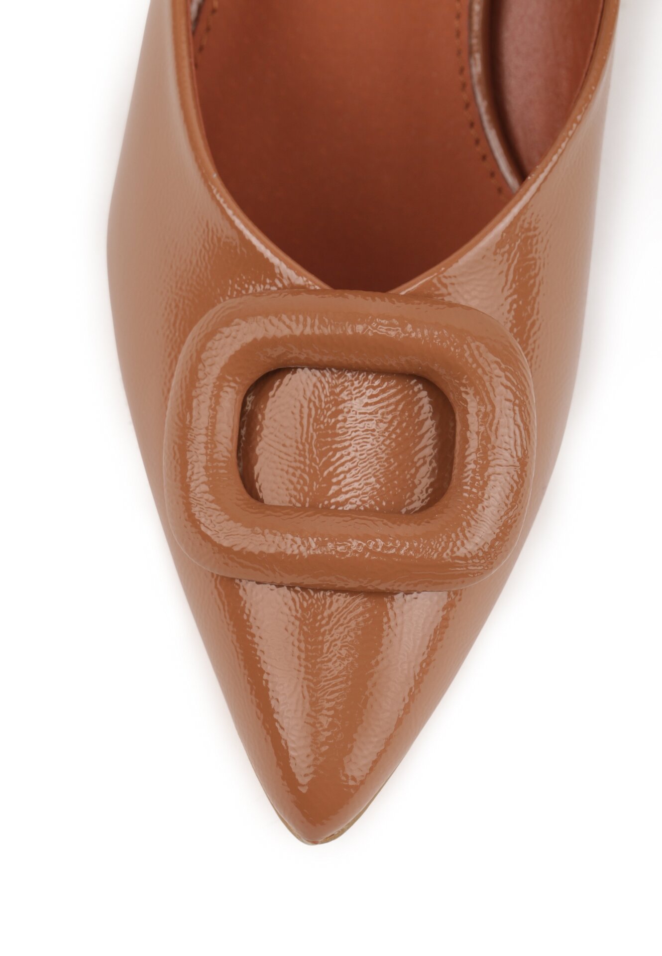 Ciemnobeżowe Czółenka na Obcasie Vices ze Skórzaną Wkładką Ozdobione Klamrą Aponelle