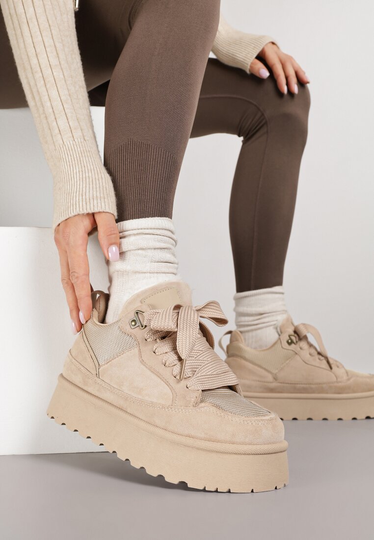 Ciemnobeżowe Sznurowane Śniegowce Sneakersy na Grubej Podeszwie Vamitte
