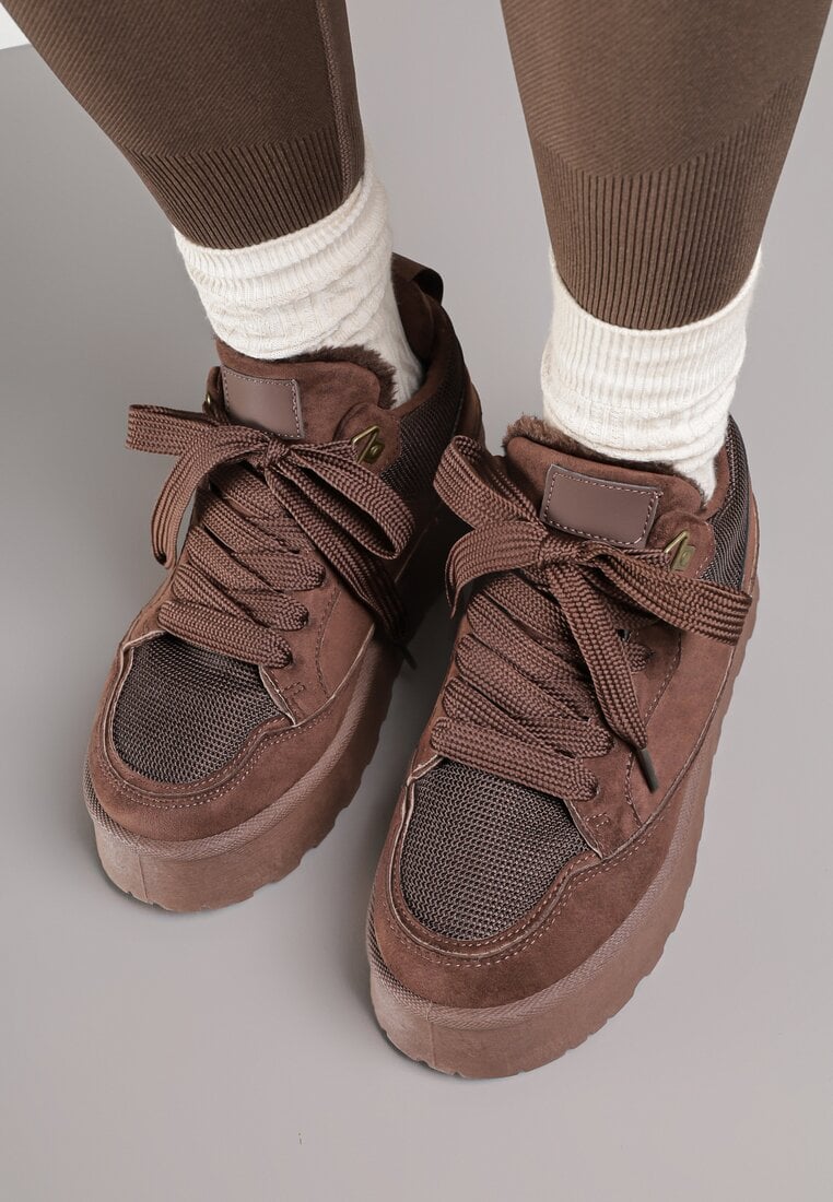 Brązowe Sznurowane Sneakersy Śniegowce Sneakersy na Grubej Podeszwie Vamitte