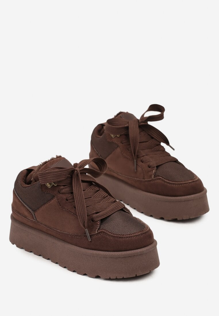 Brązowe Sznurowane Sneakersy Śniegowce Sneakersy na Grubej Podeszwie Vamitte