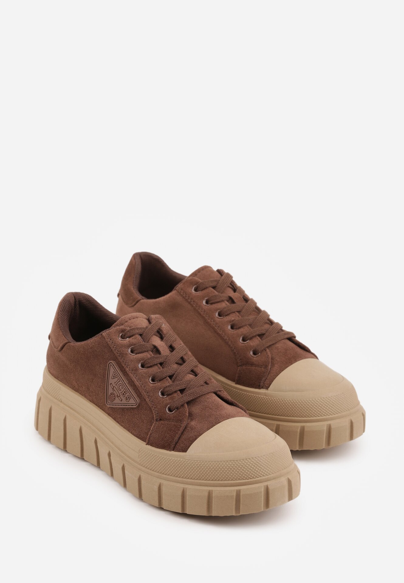 Jasnobrązowe Sneakersy Vices na Grubej Podeszwie z Geometryczną Aplikacją Leanae