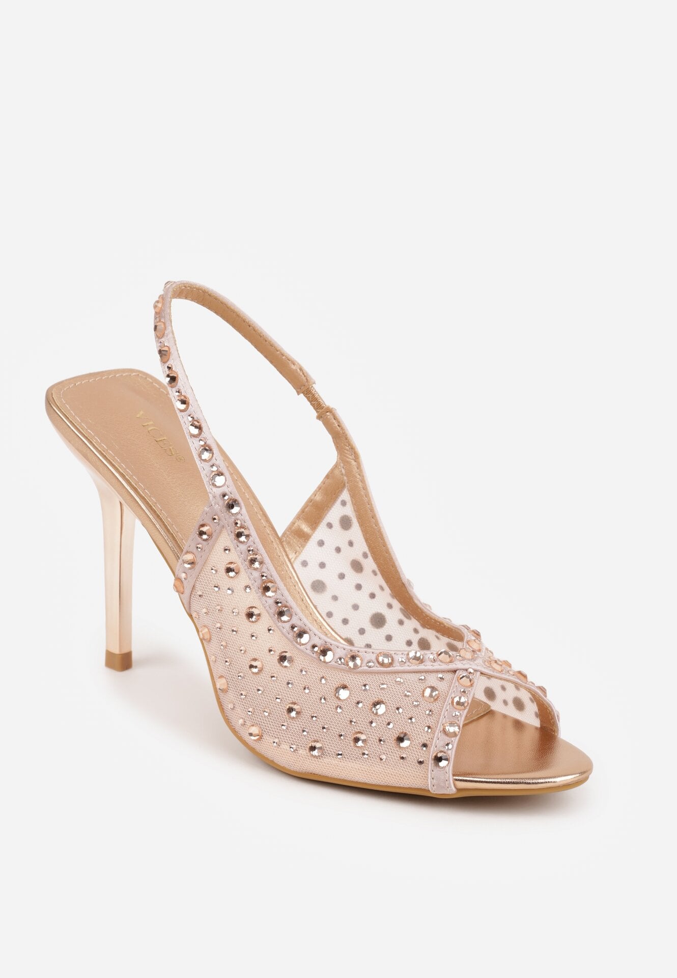 Szampańskie Sandały na Szpilce VICES z Transparentną Cholewką i Cyrkoniami Imelle