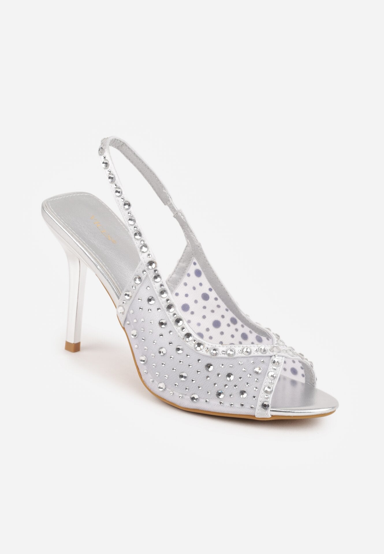 Srebrne Sandały na Szpilce VICES z Transparentną Cholewką i Cyrkoniami Imelle