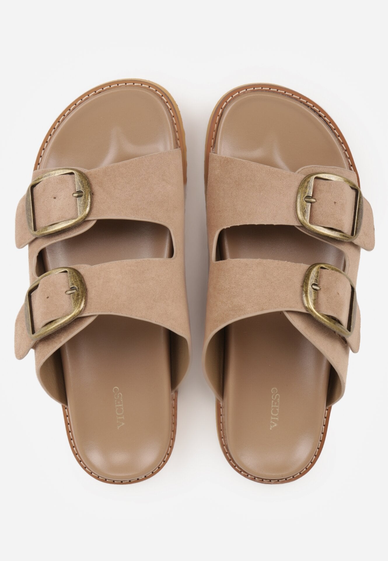 Ciemnobeżowe Klapki VICES z Dwoma Paskami i Metalicznymi Klamrami Kaliniassi