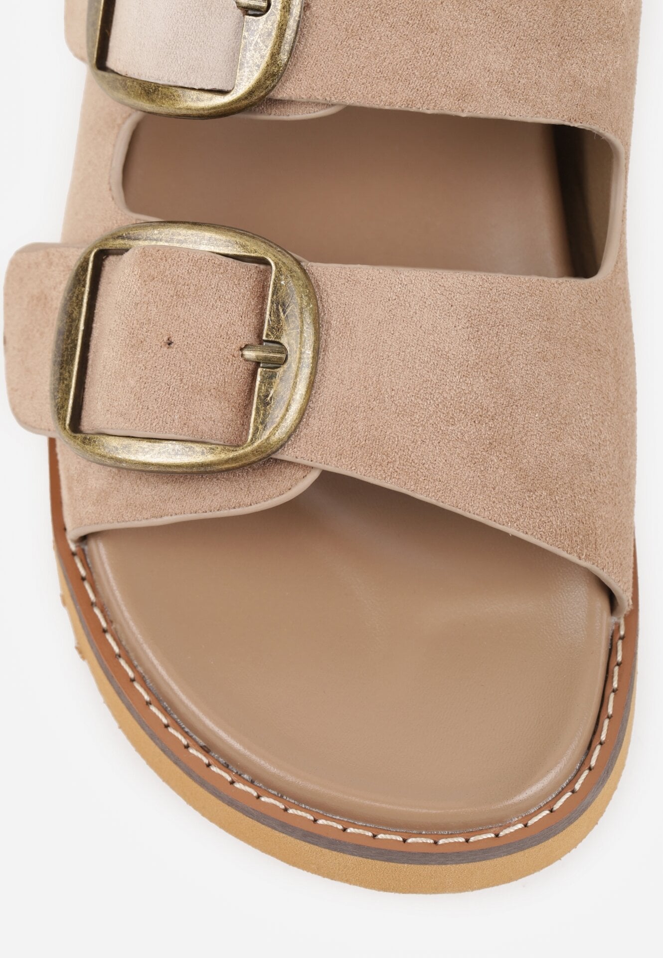 Ciemnobeżowe Klapki VICES z Dwoma Paskami i Metalicznymi Klamrami Kaliniassi