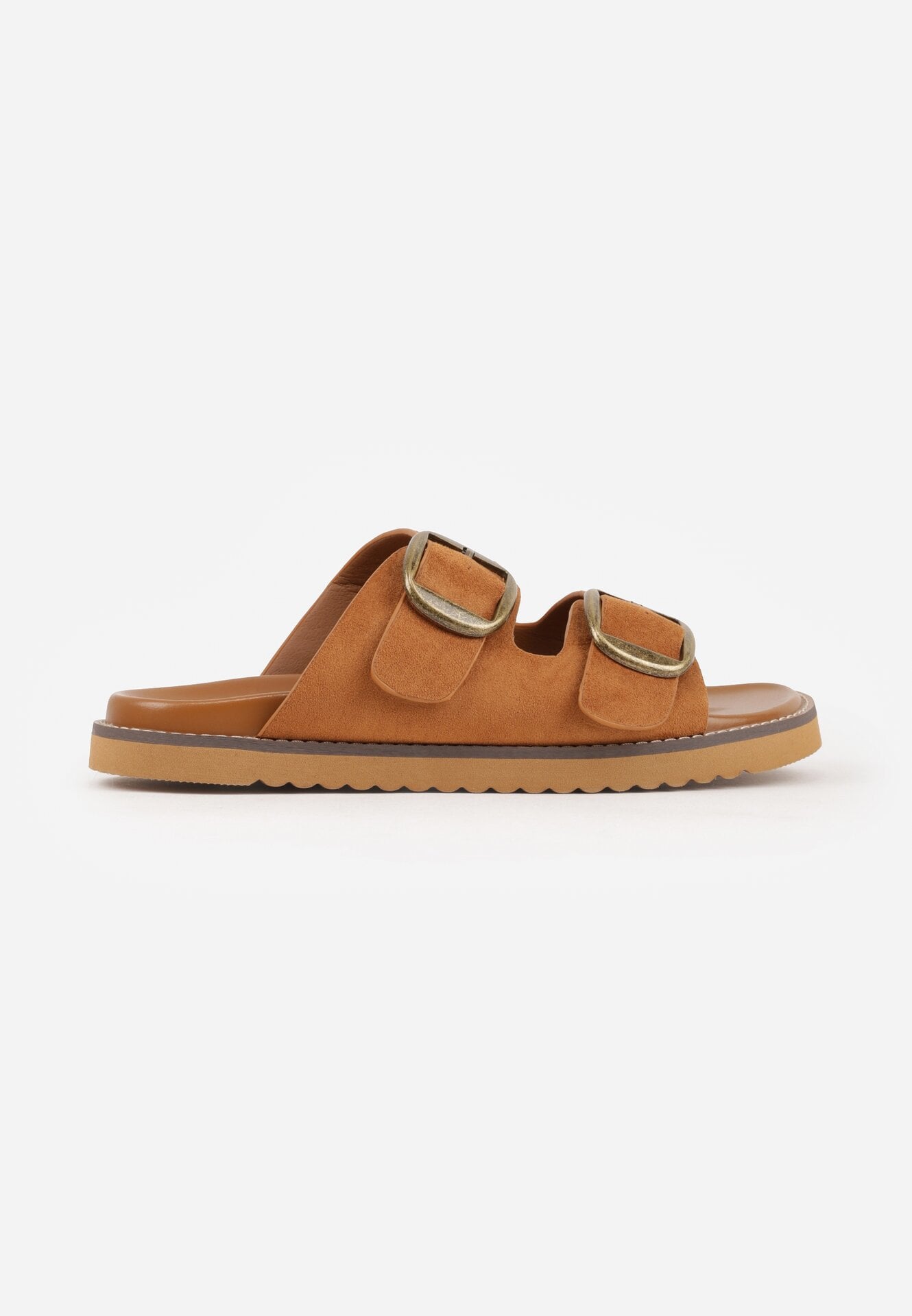 Jasnobrązowe Klapki VICES z Dwoma Paskami i Metalicznymi Klamrami Kaliniassi