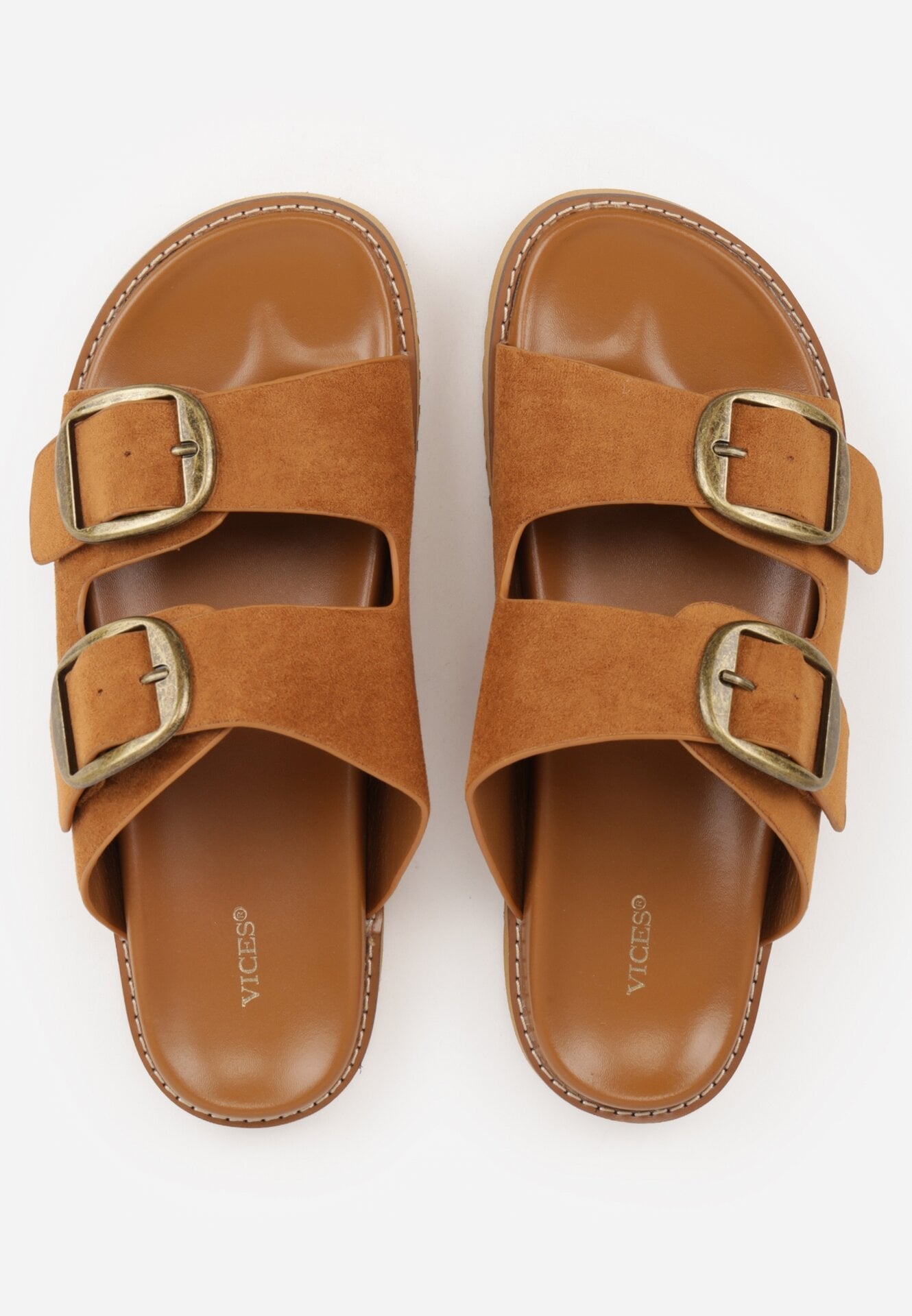 Jasnobrązowe Klapki VICES z Dwoma Paskami i Metalicznymi Klamrami Kaliniassi
