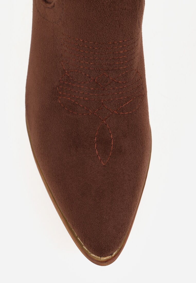 Brązowe Ażurowe Botki Vices w Stylu Kowbojek na Obcasie Norfedi