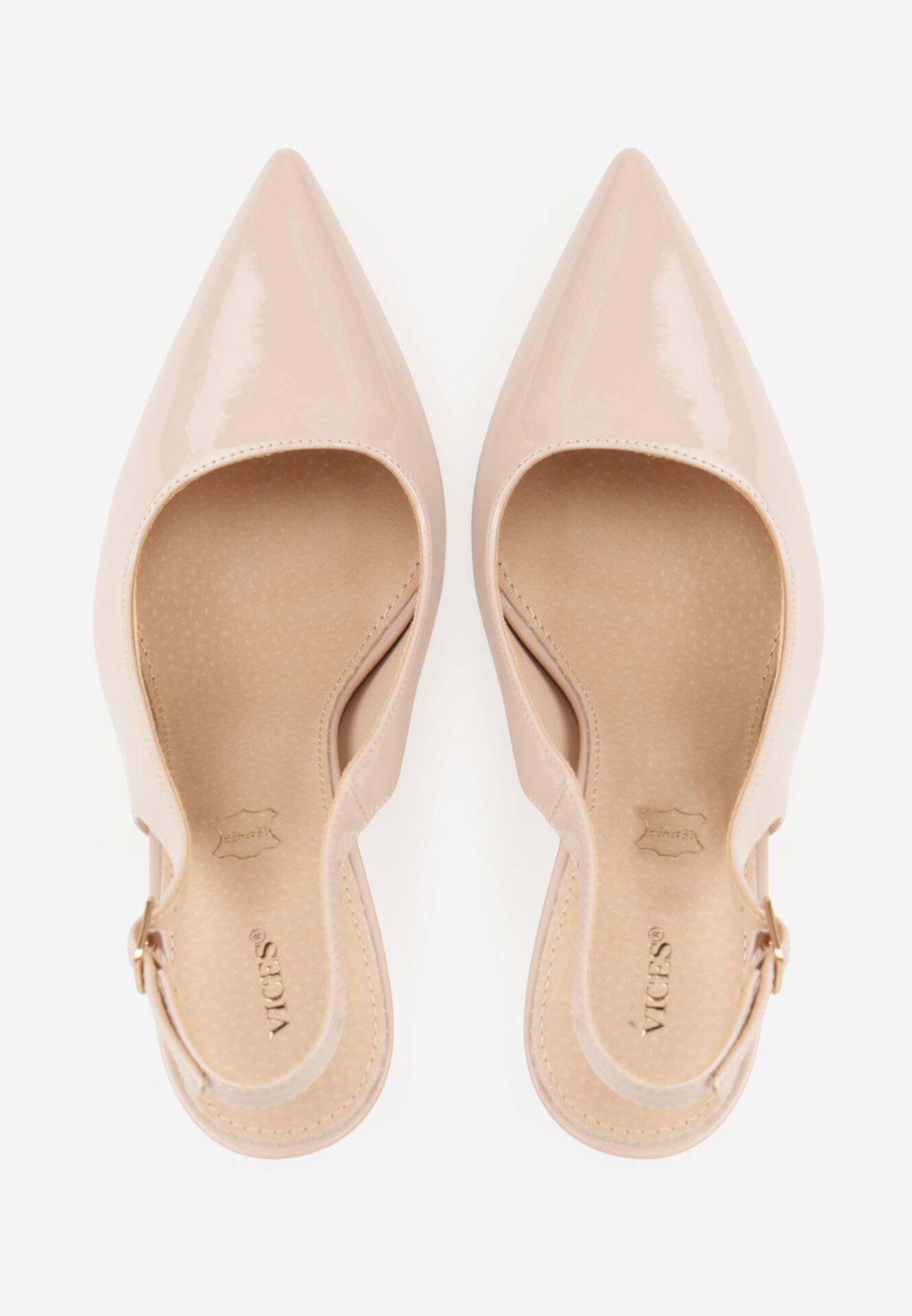 Beżowe Lakierowane Szpilki VICES z Odkrytą Piętą i Wkładką ze Skóry Naturalnej Salena