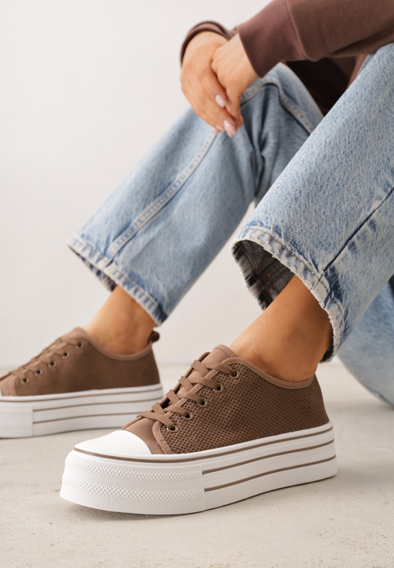 Brązowe Trampki na Grubej Podeszwie z Plecioną Cholewką Nalivera