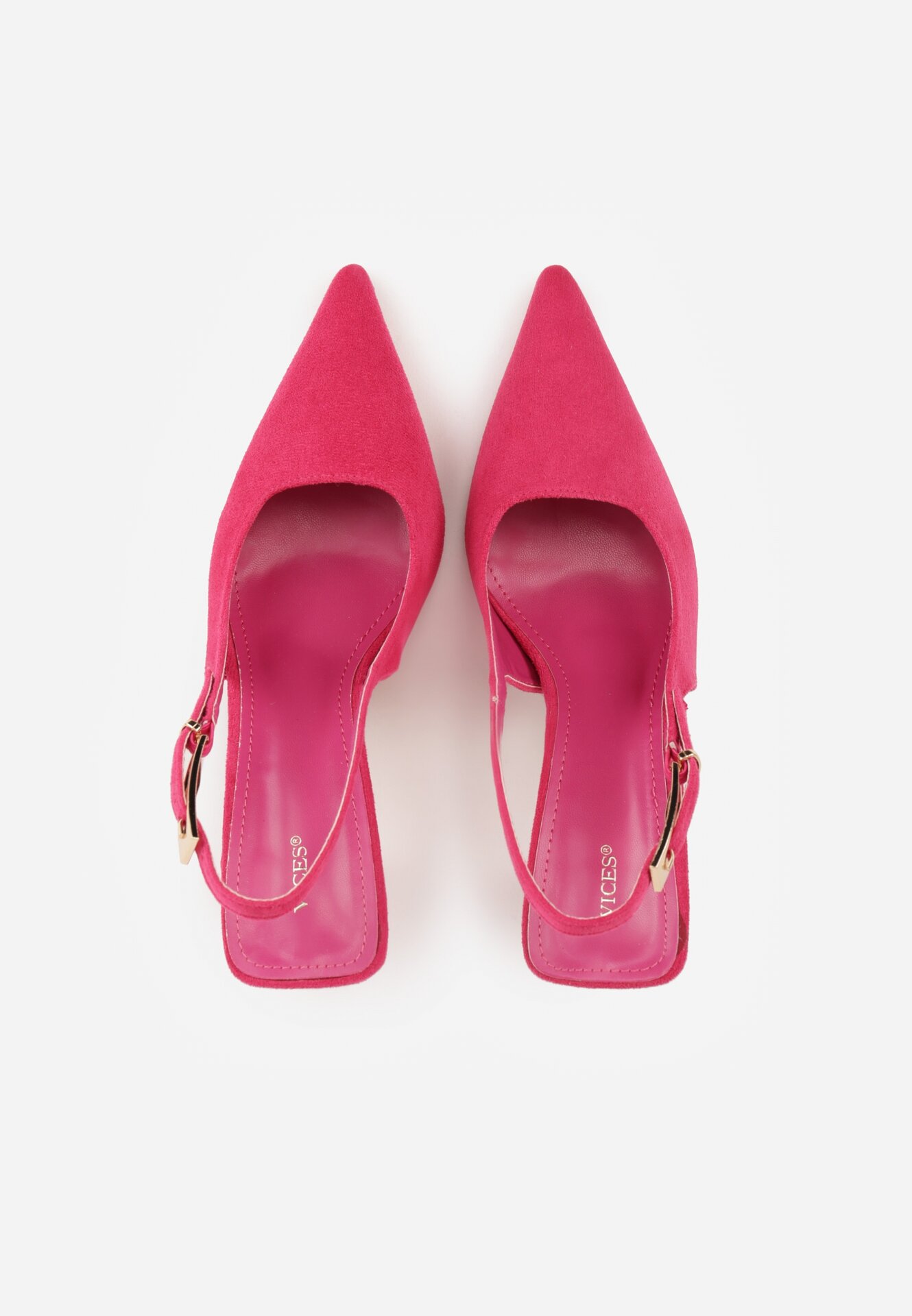 Fuksjowe Szpilki VICES z Imitacji Zamszu z Odkrytą Piętą i Podłużną Klamrą Natterea