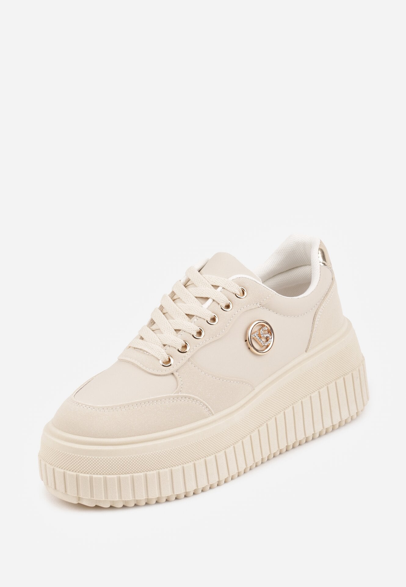 Beżowe Sneakersy VICES na Żłobionej Podeszwie Zdobione Elegancką Aplikacją Lunatea