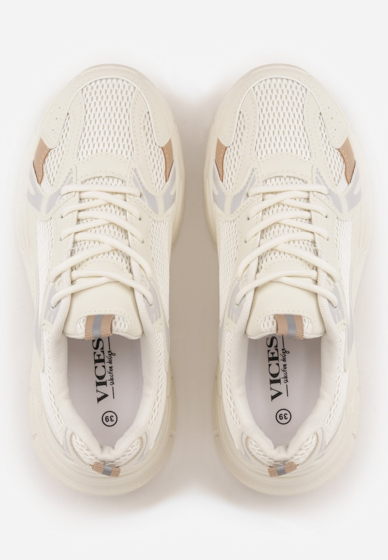 Beżowe Sneakersy VICES na Grubej Tłoczonej Podeszwie z Perforacją Elanatia