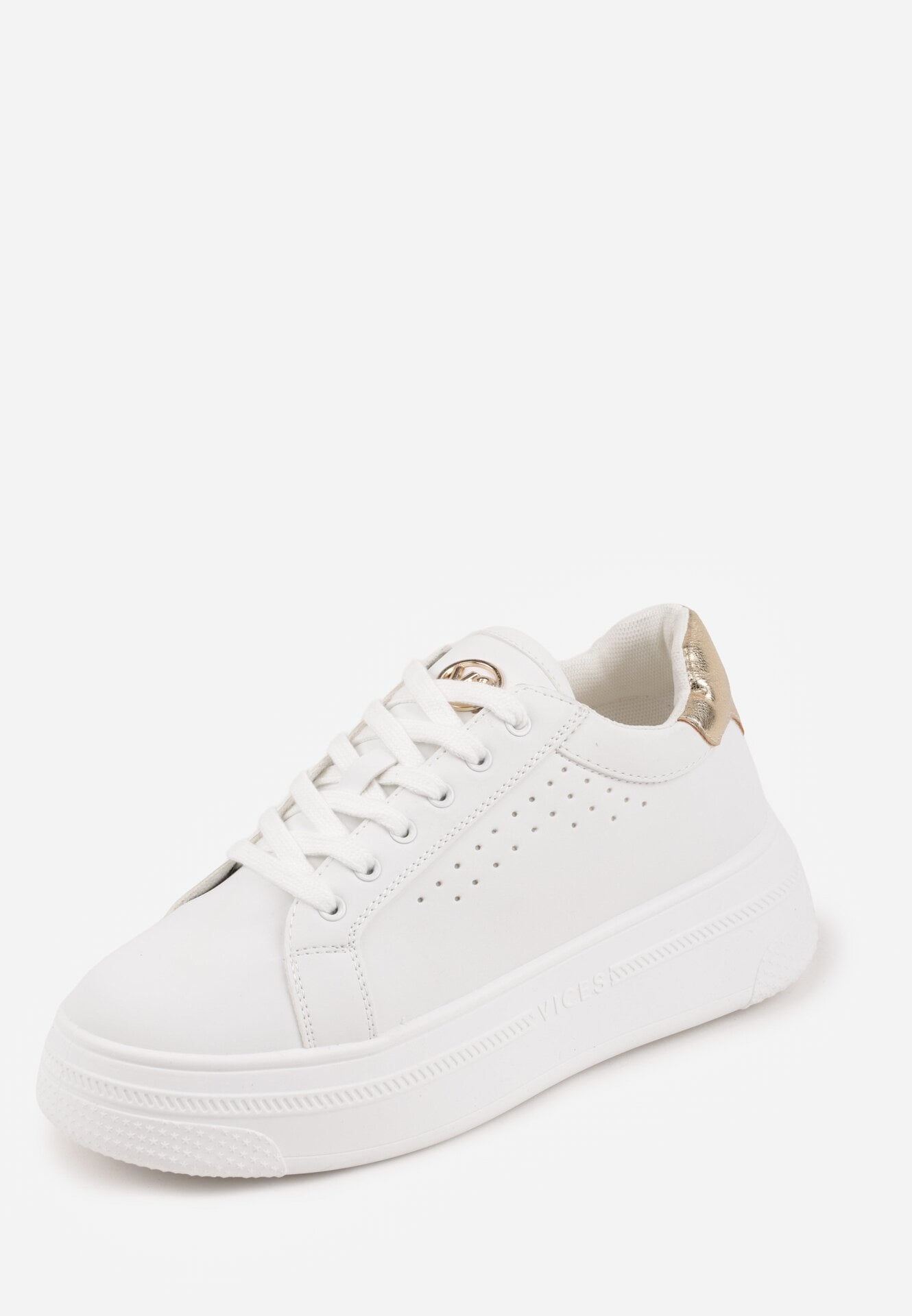 Biało-Złote Sneakersy VICES z Metaliczną Wstawką Perforacją i Gwiazdą Edanatia