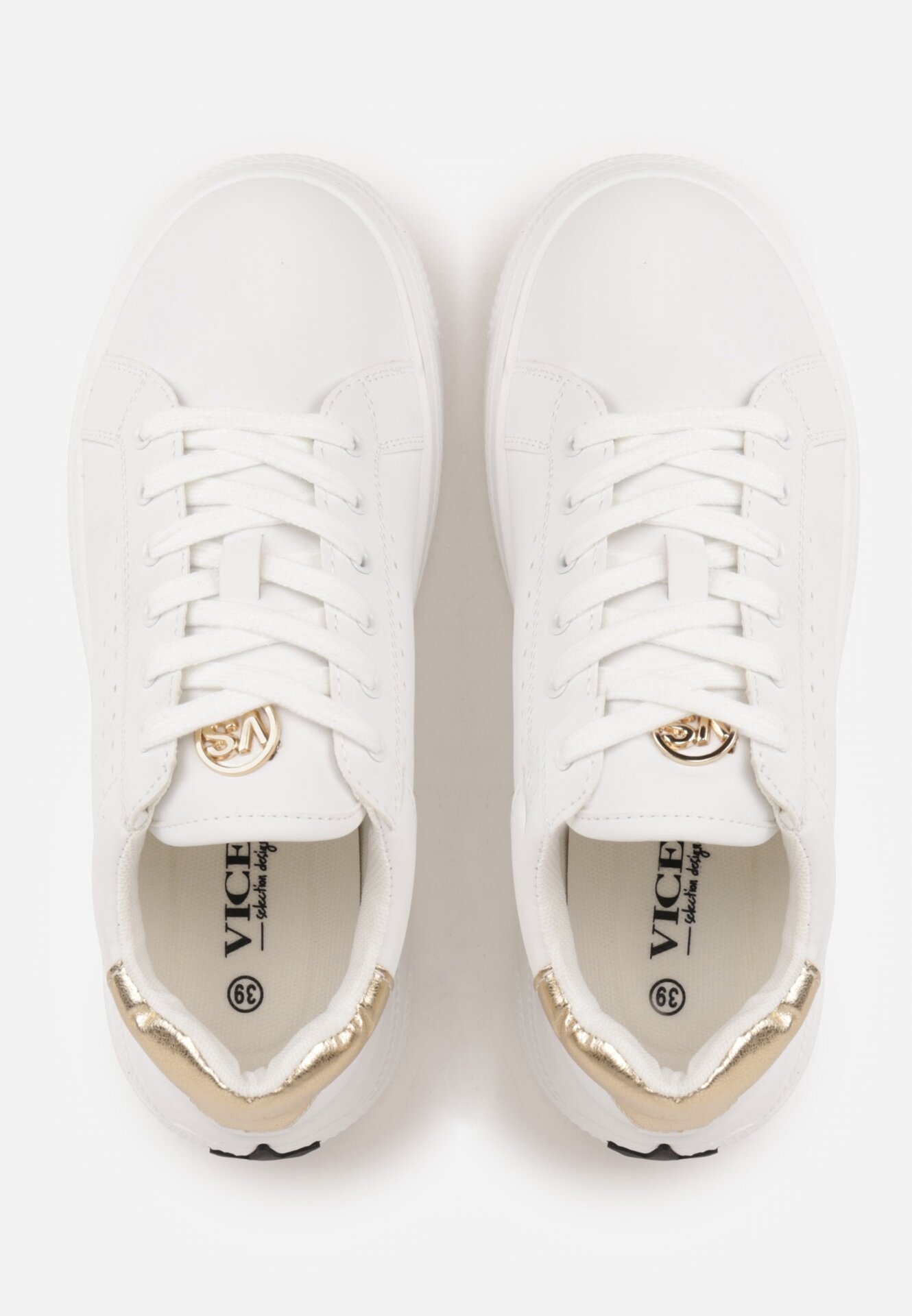 Biało-Złote Sneakersy VICES z Metaliczną Wstawką Perforacją i Gwiazdą Edanatia