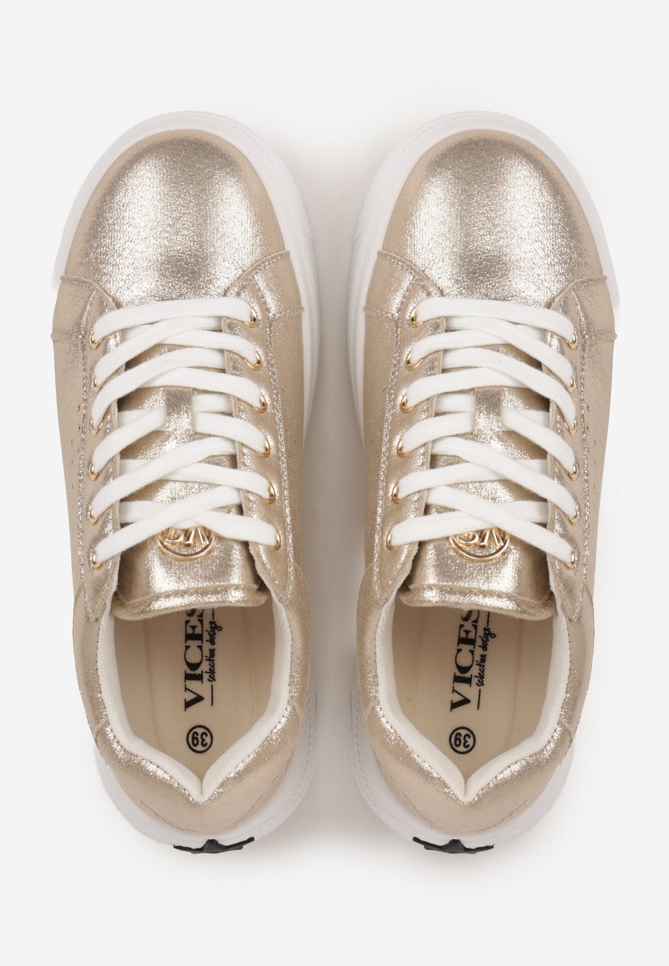 Złote Sneakersy VICES z Metaliczną Wstawką Perforacją i Gwiazdą Edanatia