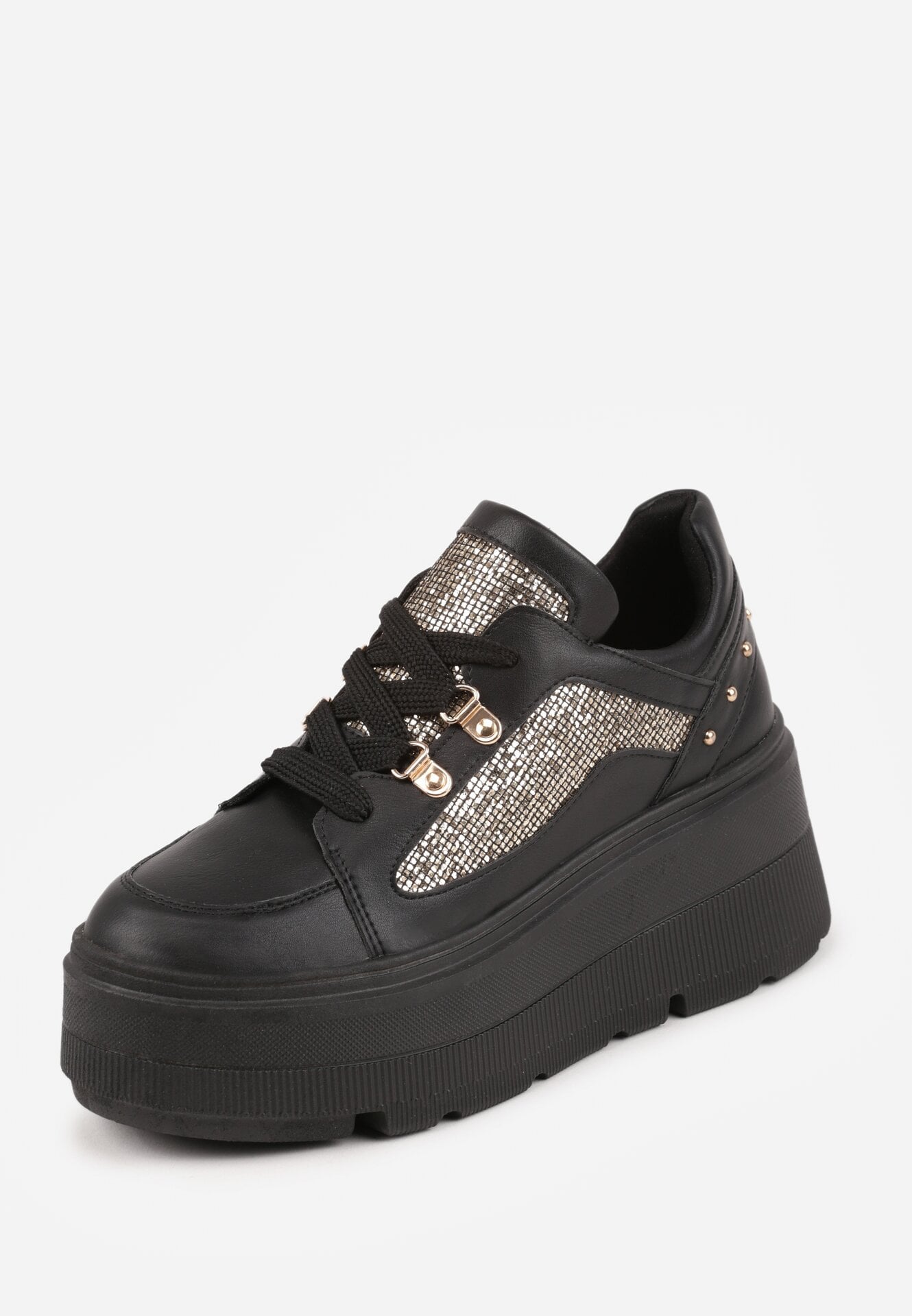 Czarne Sneakersy VICES na Koturnie z Brokatem Elanatale