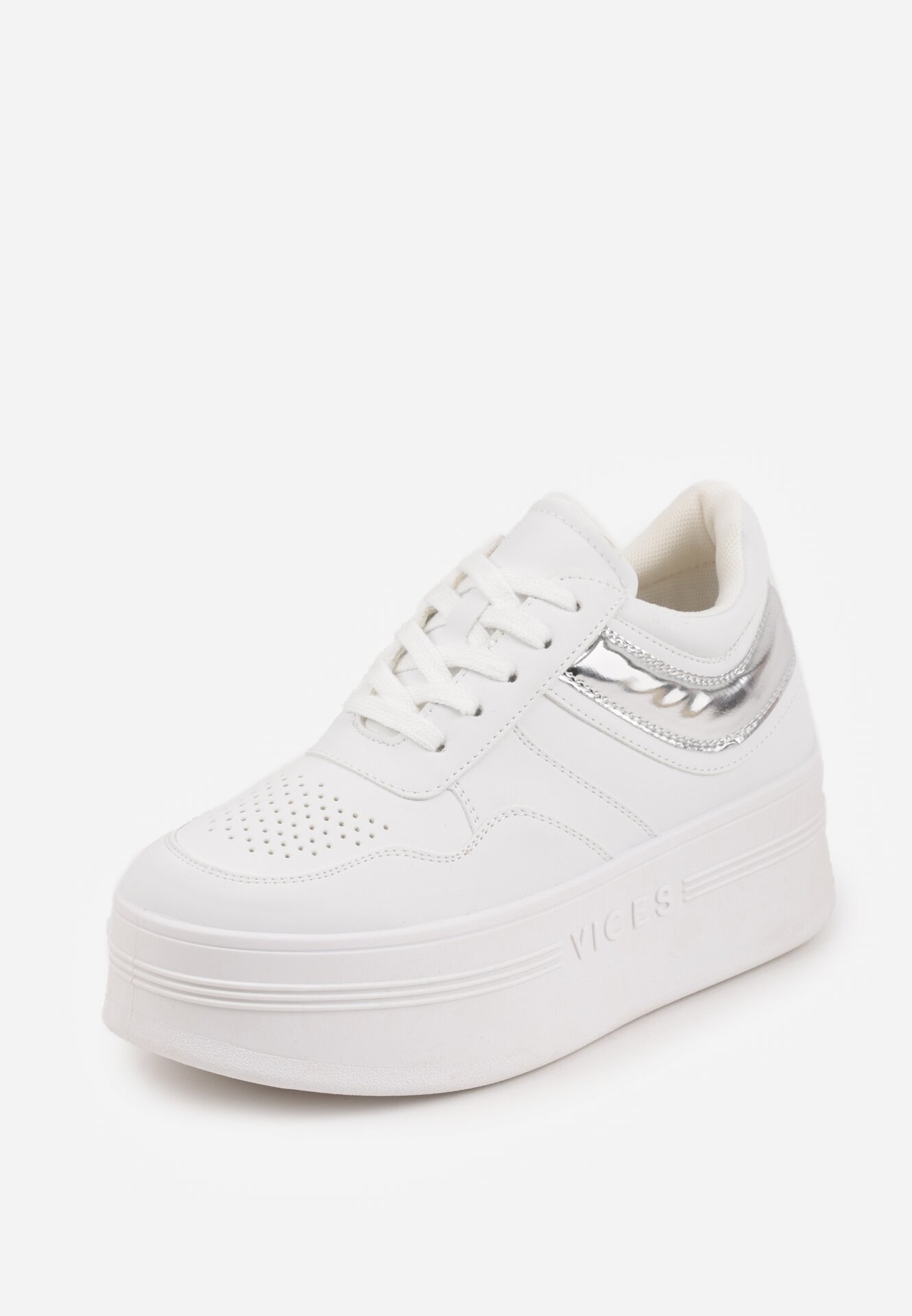 Biało-Srebrne Sneakersy VICES na Grubej Podeszwie z Przeszyciami i Tłoczeniem Berolle