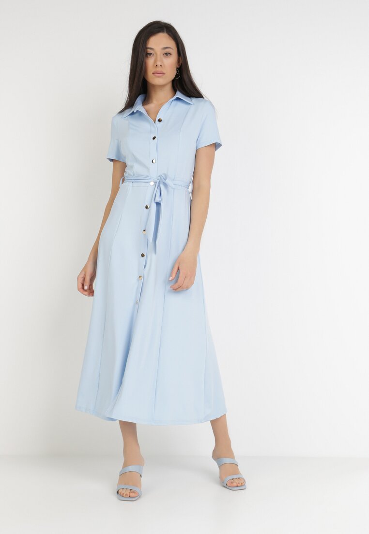 Rochie albastru deschis stil cămașă legată în talie Ophieithe