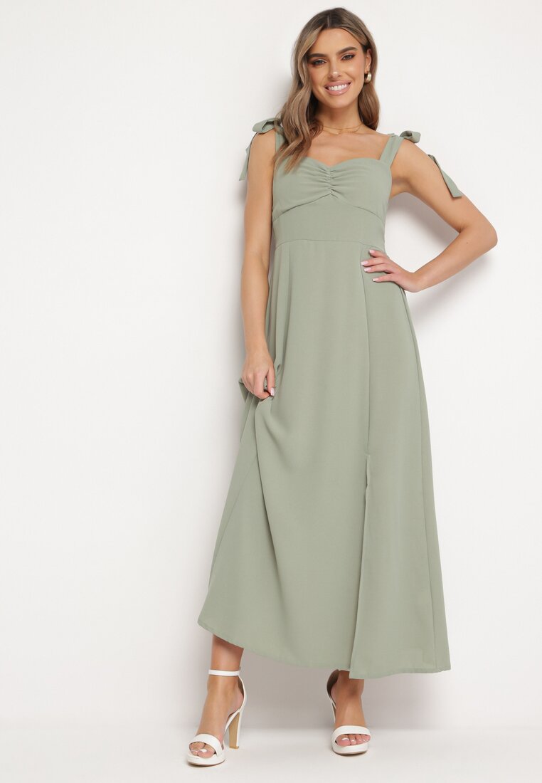 Rochie Cloș Verde cu bretele legate și despicătură Kalora