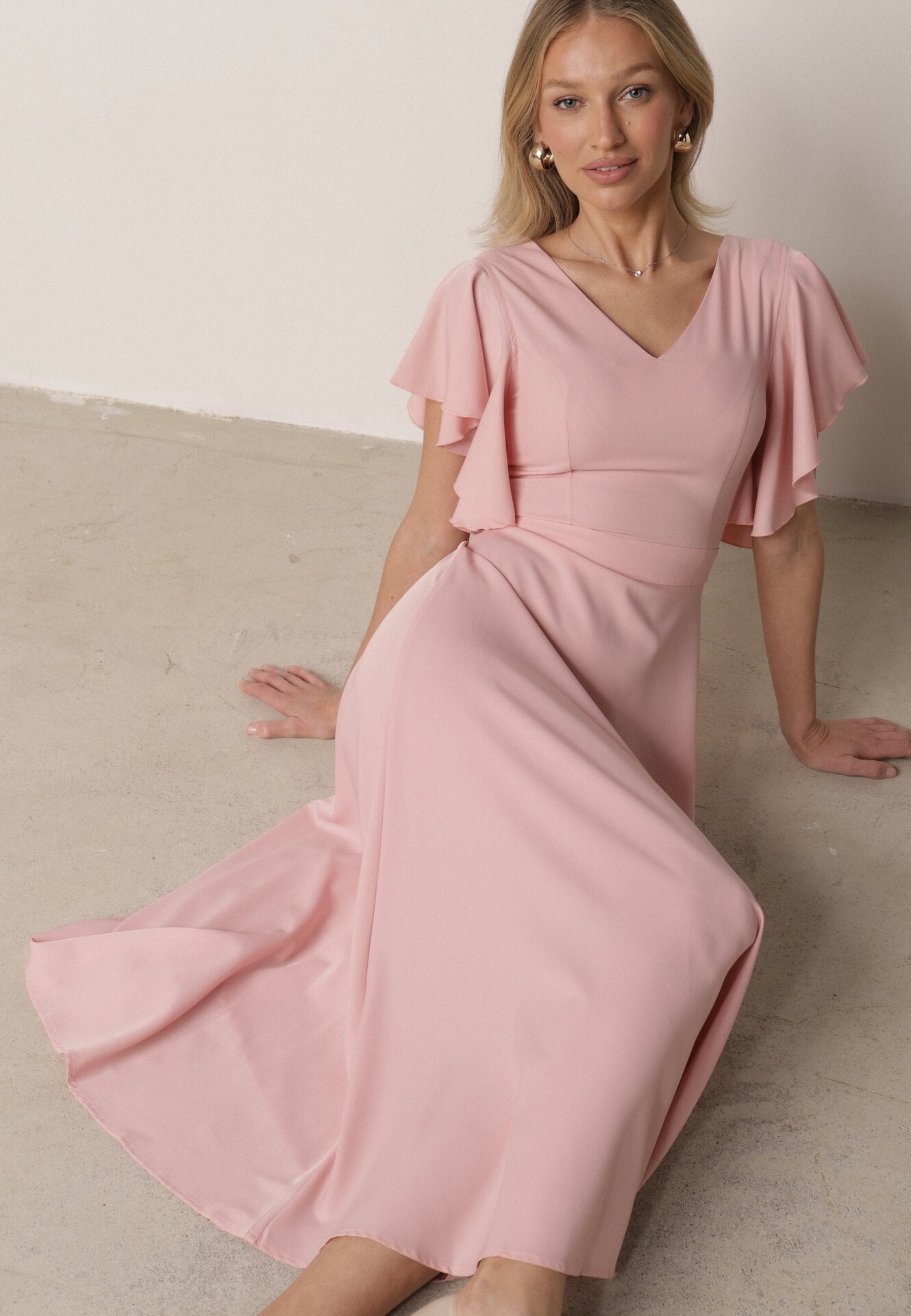 Rochie Evazată Roz Decorată cu Volane Emilienne