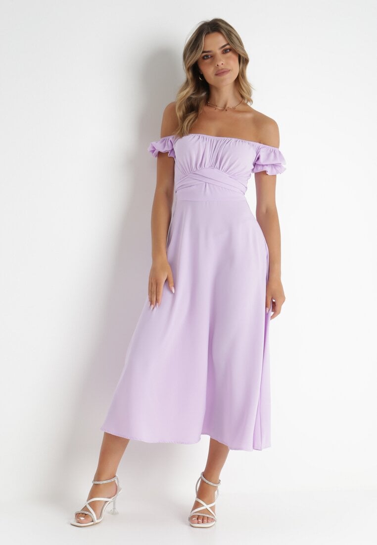 Rochie mov midi cu decolteu Carmen și mâneci bufante Amarhis