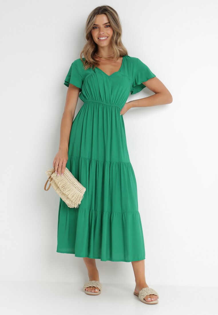 Rochie Verde evazată din Vâscoză stil Folky