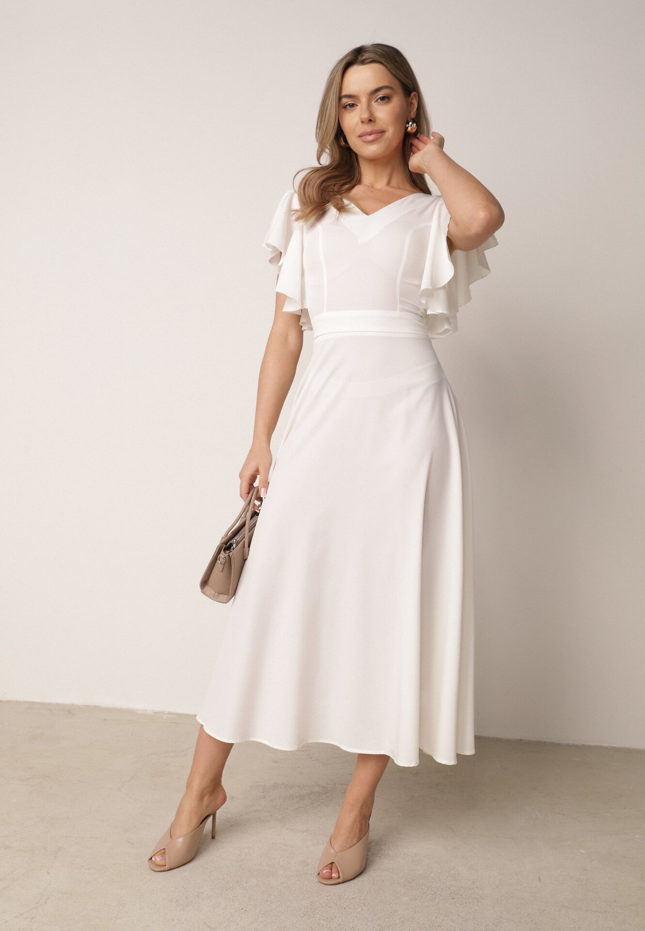 Rochie Evazată Albă Decorată cu Volane Emilienne