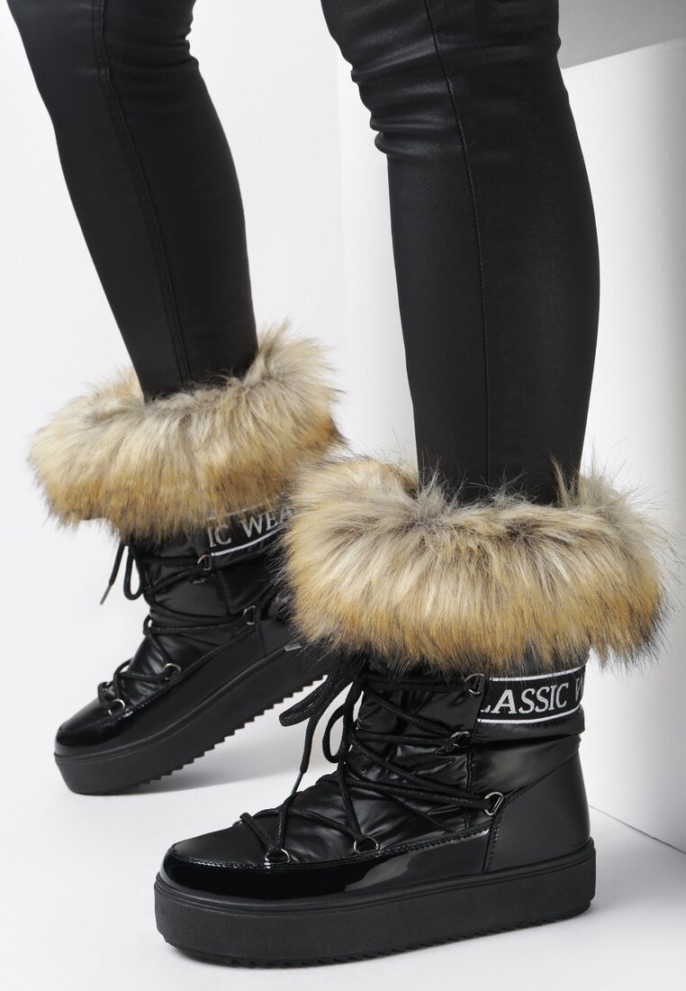 Cizme de zăpadă Negre cu blană și șireturi Plotia