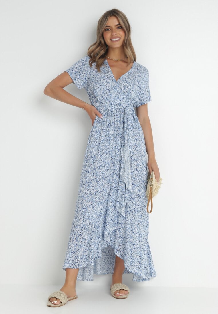 Rochie Albastră cu Croi Petrecut, cu Volane și Curea Legată Dsson