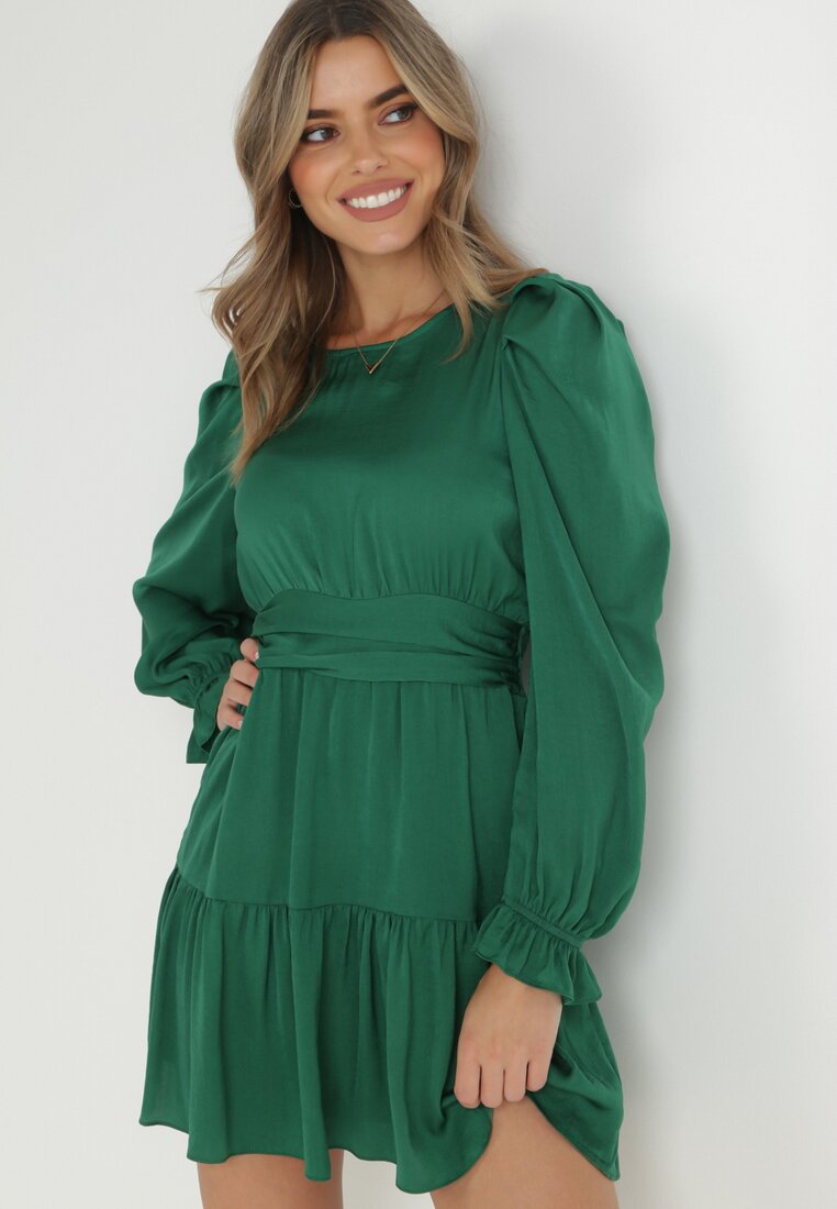 Rochie Verde Cambrată cu Volane Klasino