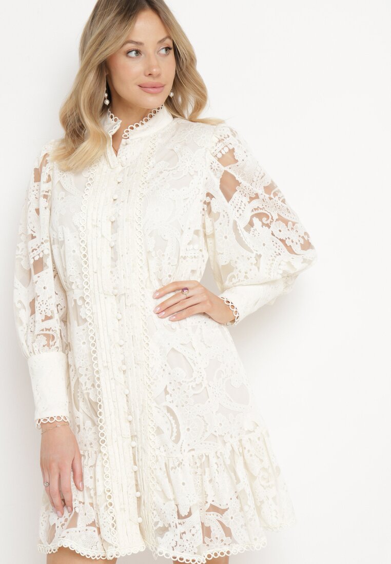 Rochie Bej Dantelată cu volan Chloreina