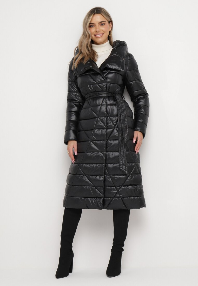 Jachetă Neagră Până la genunchi cu cordon și glugă Chlyrie