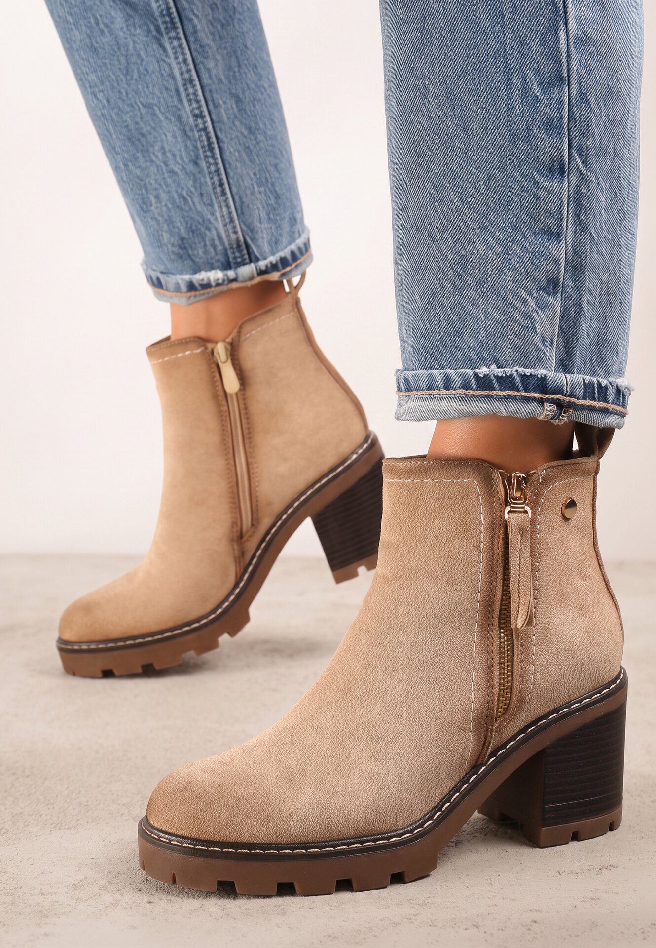 Botine Bej cu toc gros Boho cu fermoar Sirdre