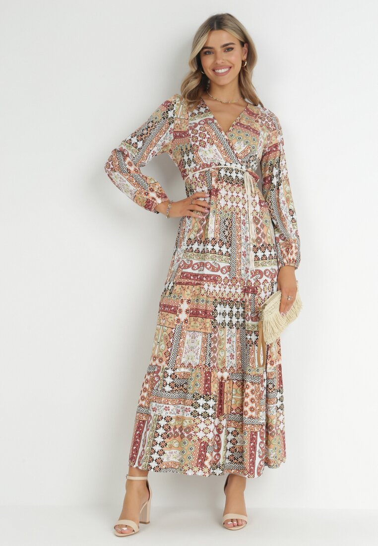 Rochie Bej-Roz cu Decolteu Petrecut cu Imprimeu Patchwork Betey