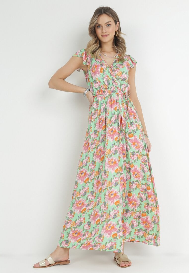 Rochie petrecută verde deschis cu elastic în talie cu imprimeu floral Pive