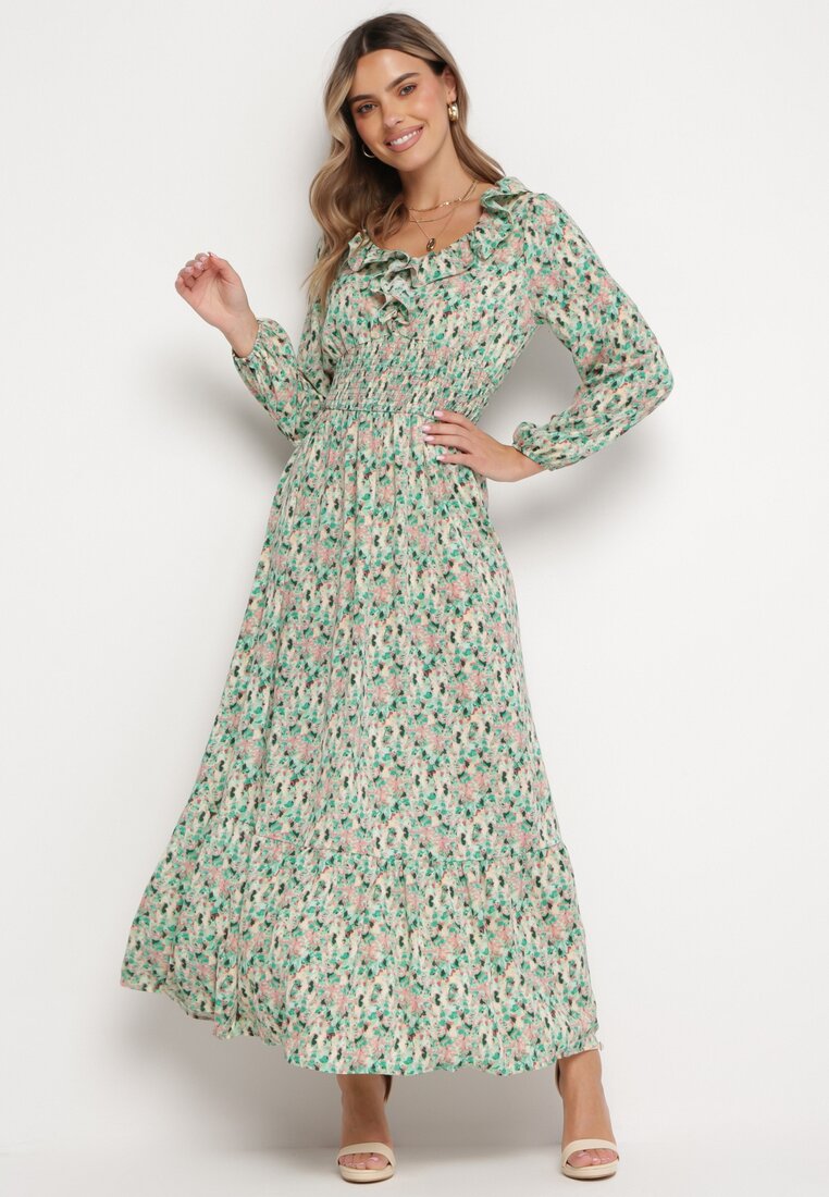 Rochie Mentă cu Volan la Decolteu și Elastic Lat în Talie Liyne