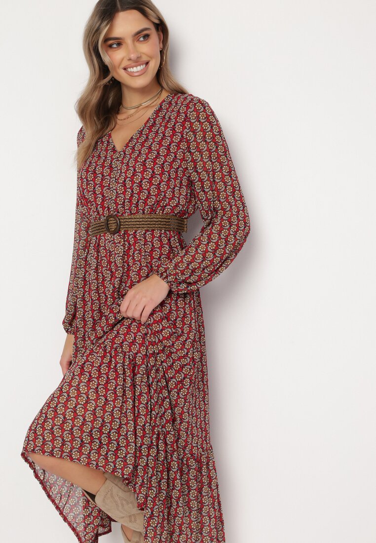 Rochie Vișinie cu Decolteu Triunghiular și Elastic în Talie Hutyz