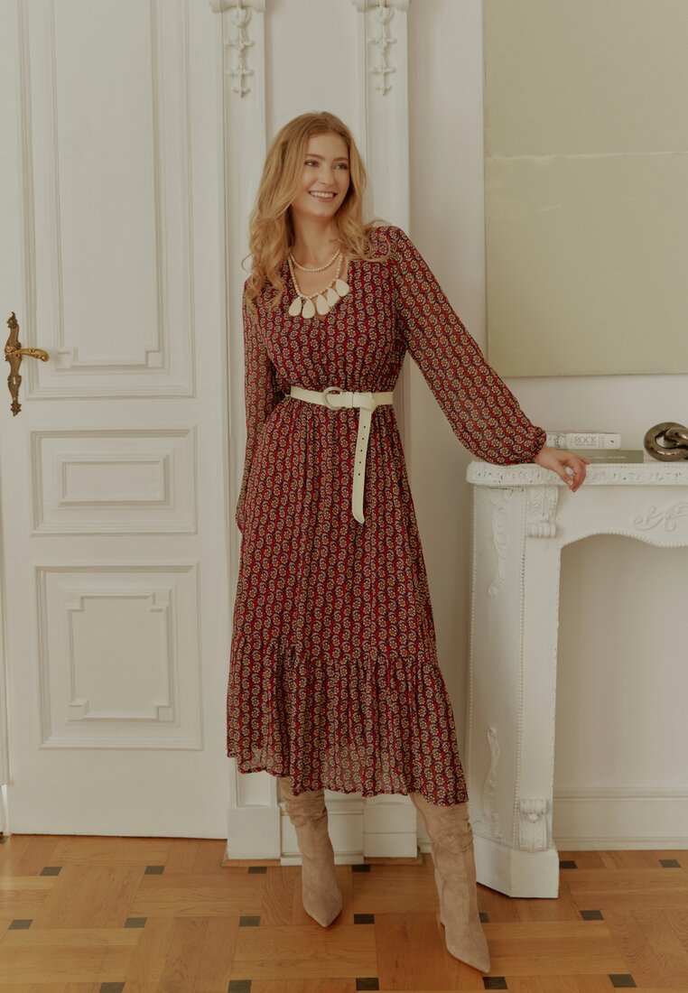 Rochie Vișinie cu Decolteu Triunghiular și Elastic în Talie Hutyz