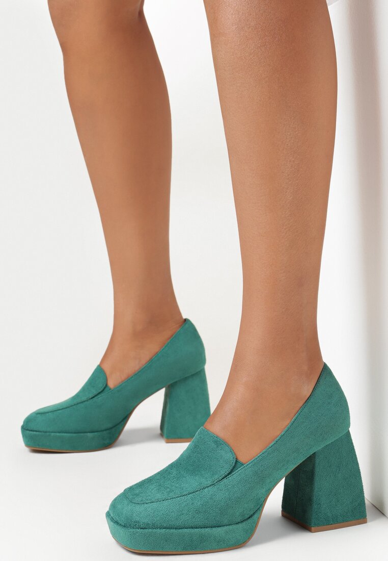 Pantofi Verzi cu Toc Geometric și Vârf Pătrat Delie