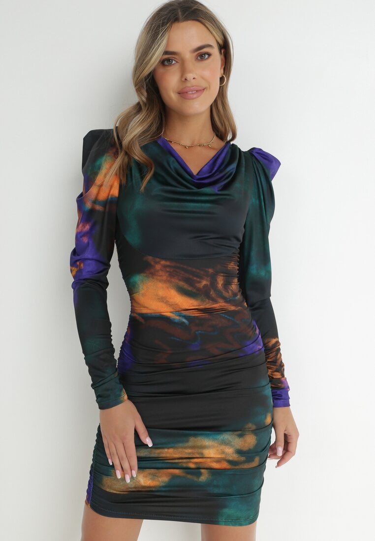 Rochie violet-verde Tie-Dye cu mânecă bufantă kaki