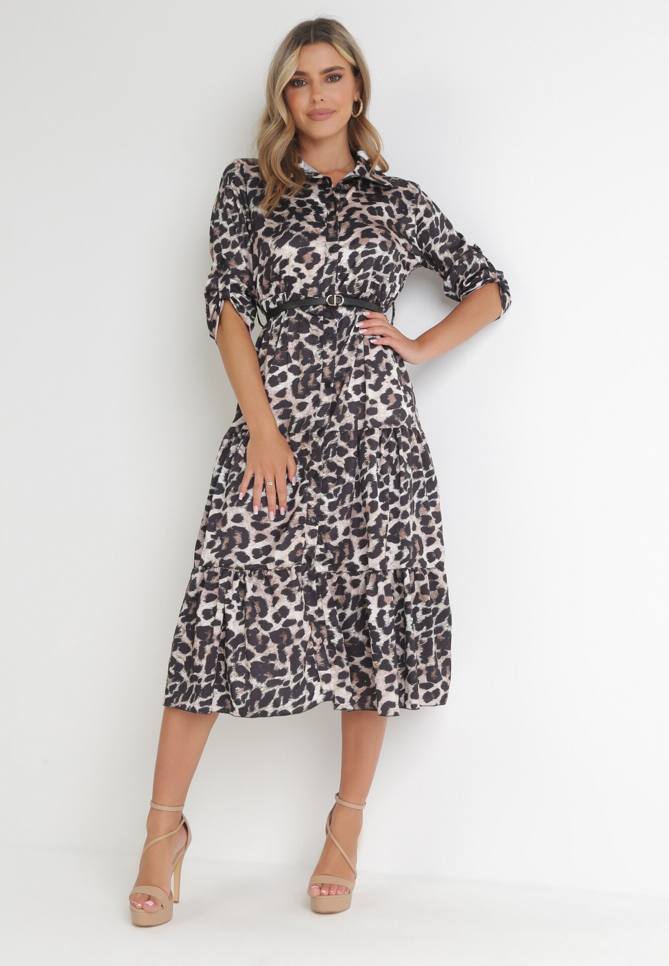 Rochie Bej-Neagră cu imprimeu leopard cu curea Klio