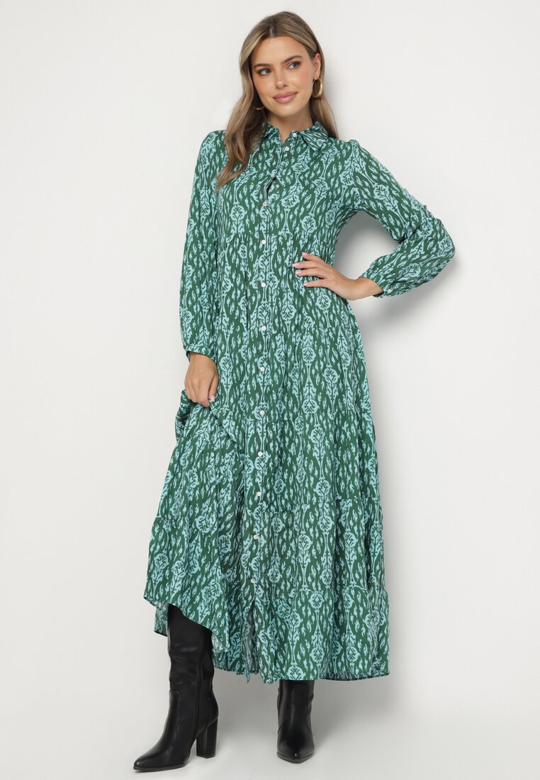 Rochie tip cămașă Verde-Albastră cu Model Ornamental Midi