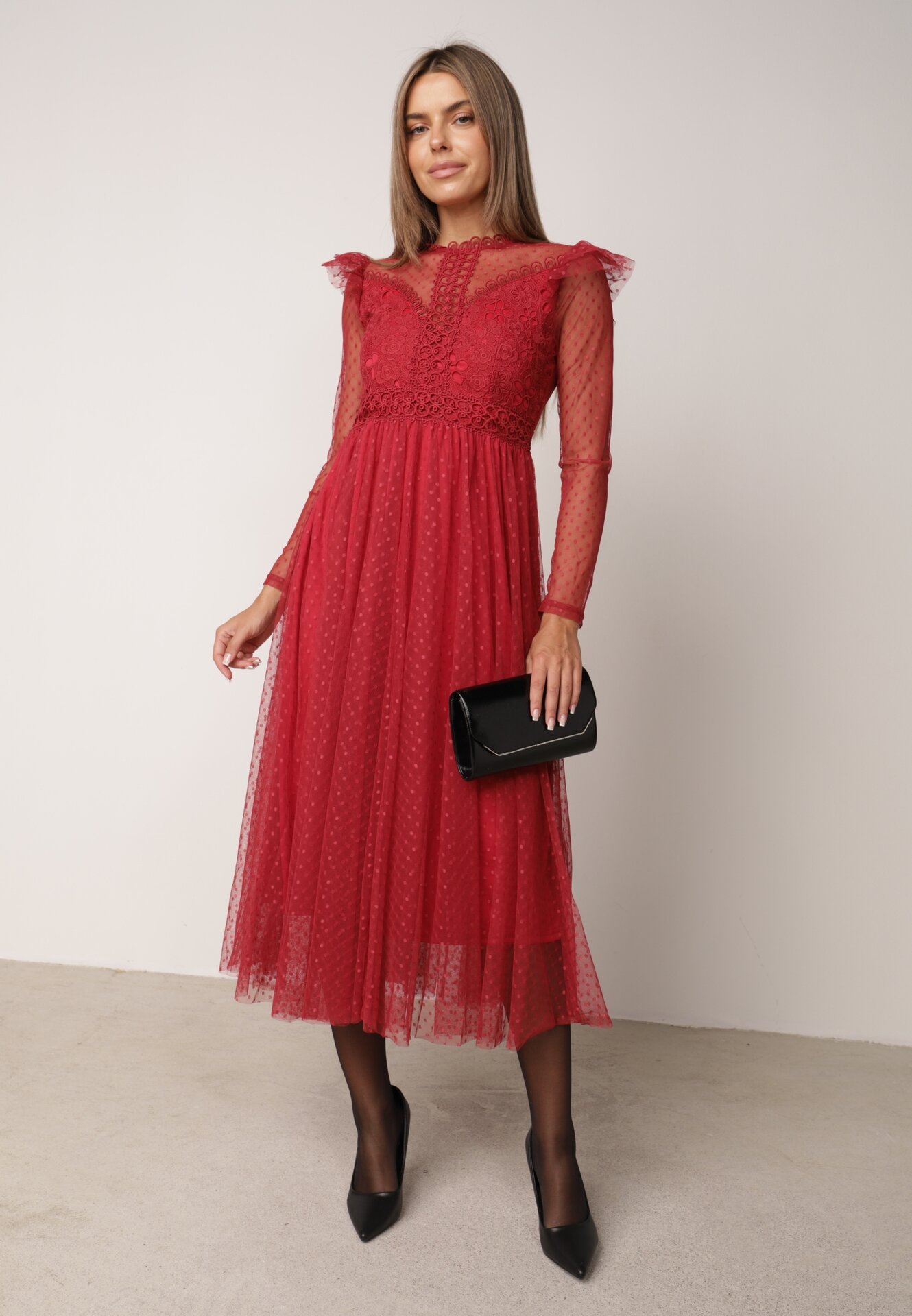 Rochie Bordo cu Dantelă și Tul Nemila