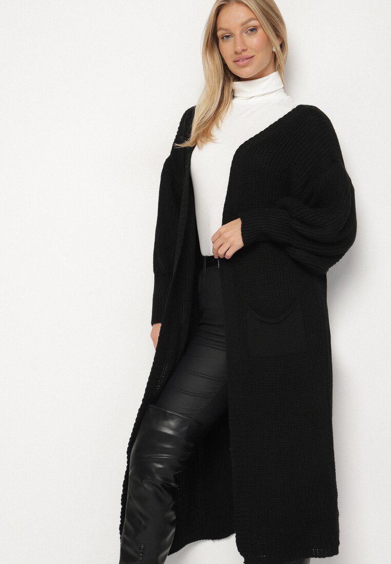 Kardigan Negru Lung cu Mânecă Bufantă Folote