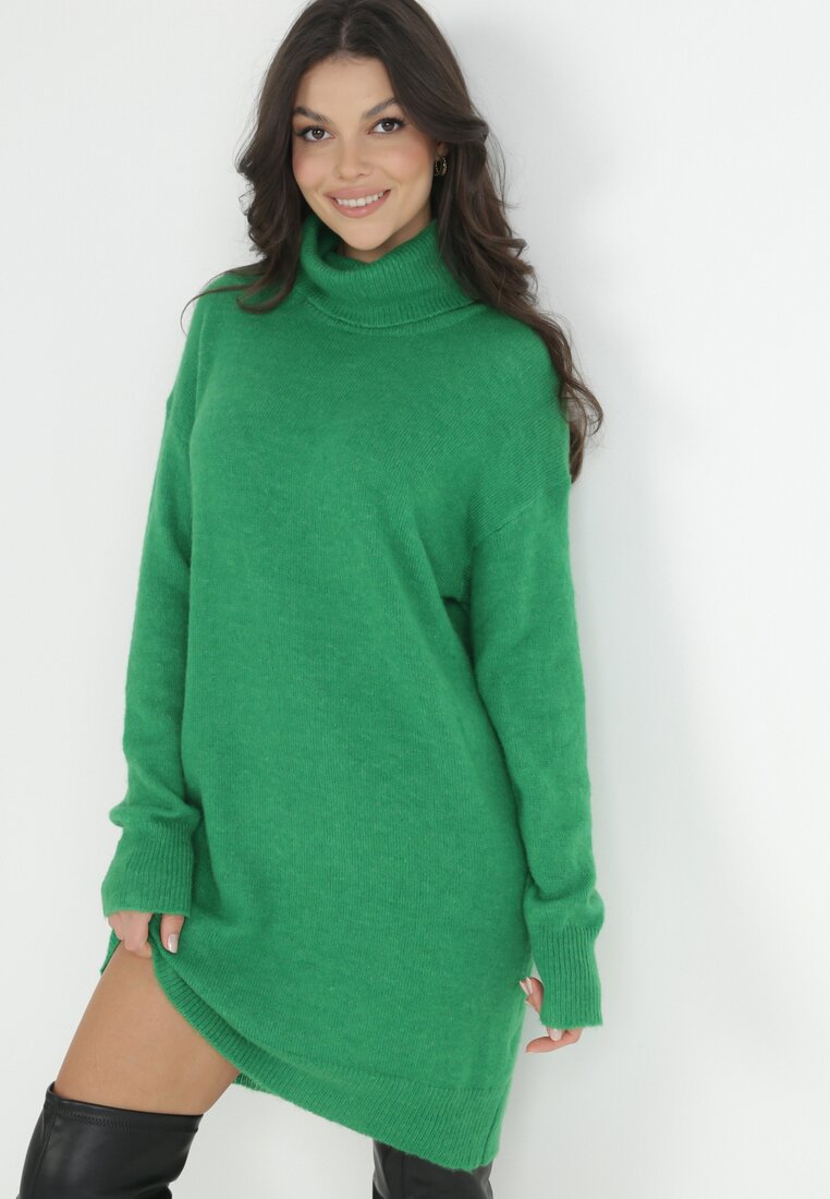 Rochie Verde din Lână Oversize cu guler înalt Heire