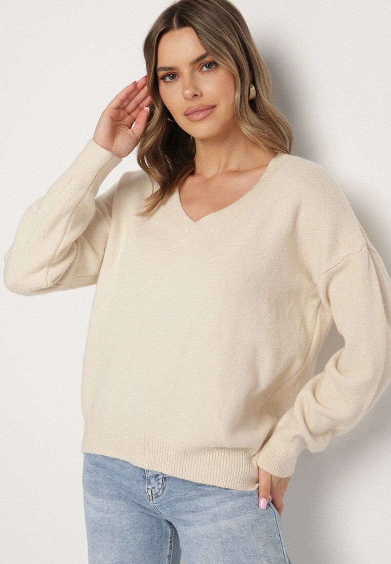 Pulover bej deschis cu bumbac Oversize Yorate