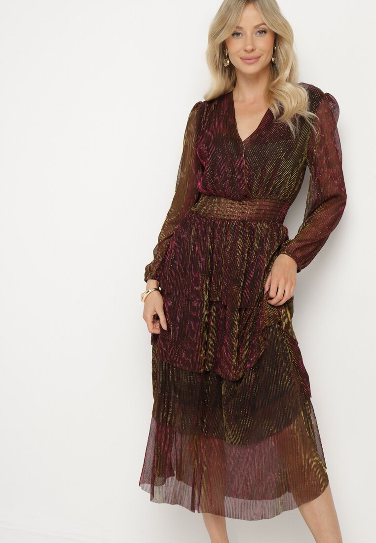 Rochie Bordeaux Strălucitoare cu Volane și Elastic în Talie Limite