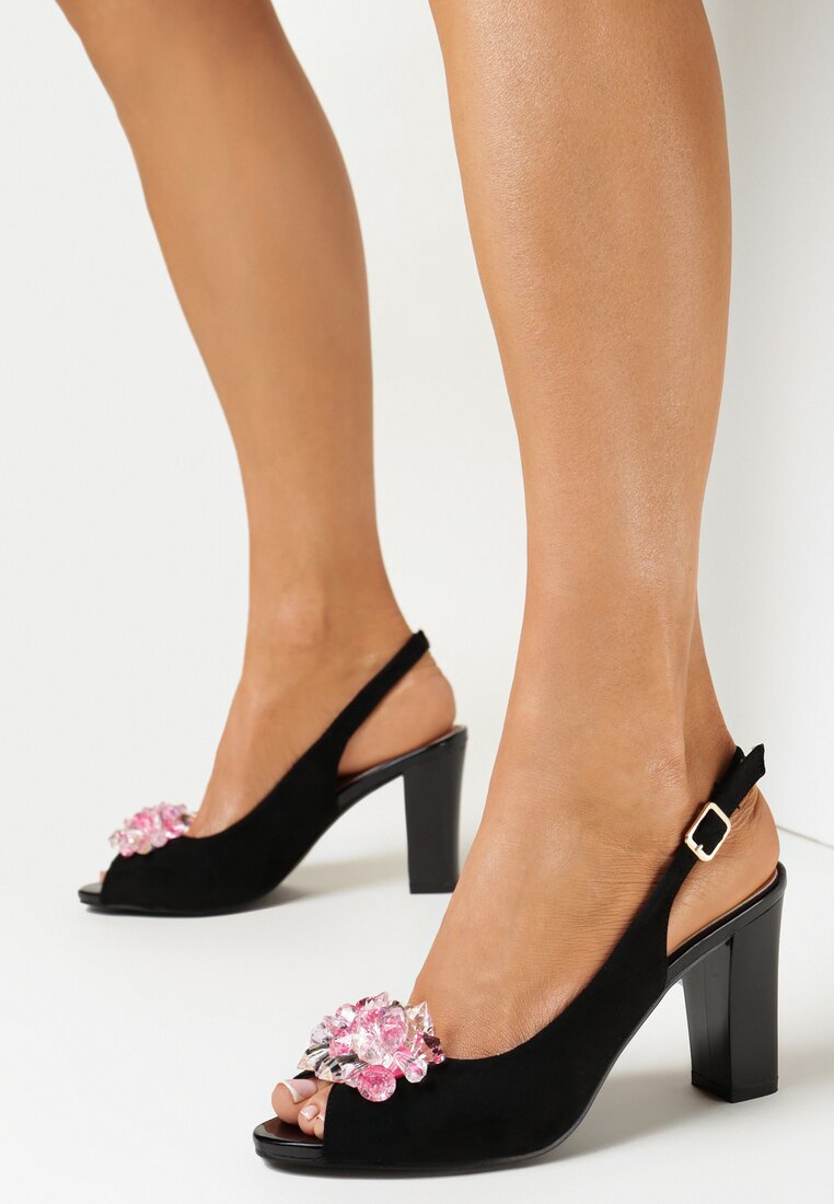 Sandale Negre cu toc gros cu branț din piele naturală Piatdale